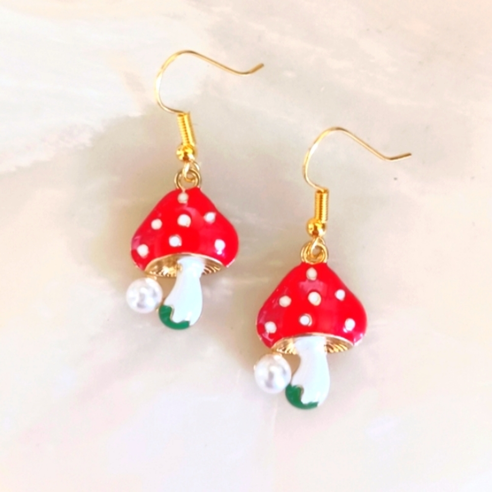 Cute Mushroom With Pearl Oil Painted Handmade Earrings